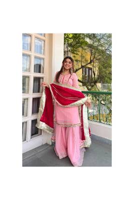Women baby pink festive wear sharara suit with dupatta heavy zari sequins embroidery 2