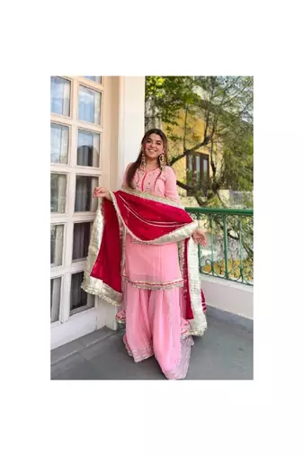 Women baby pink festive wear sharara suit with dupatta heavy zari sequins embroidery