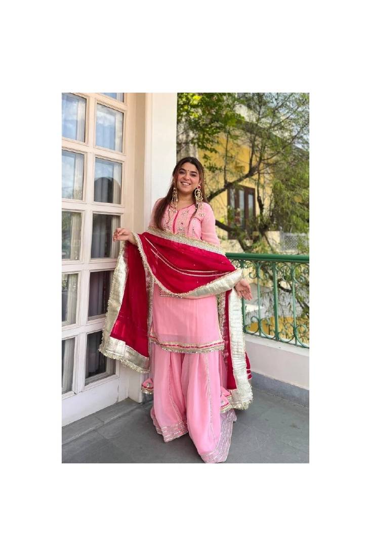 Women baby pink festive wear sharara suit with dupatta heavy zari sequins embroidery