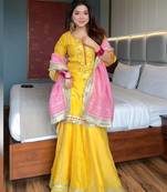Yellow kurta sharara set with dupatta for women sequins zari work festive wear outfit