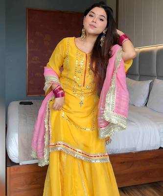 Yellow kurta sharara set with dupatta for women sequins zari work festive wear outfit 2