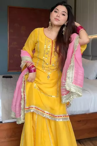 Yellow kurta sharara set with dupatta for women sequins zari work festive wear outfit