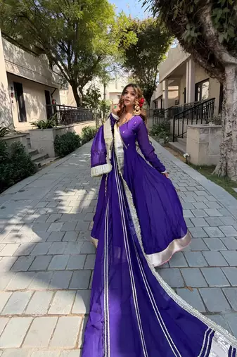 Women purple wedding wear anarkali set with dupatta heavy embroidery sequins zari work