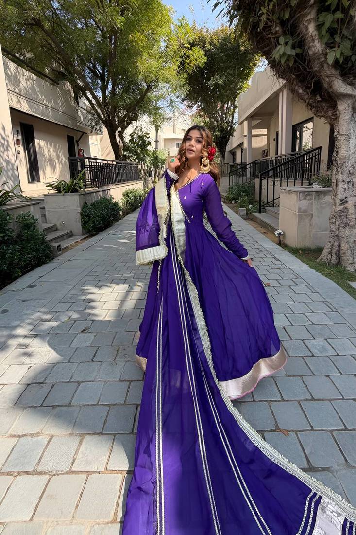 Women purple wedding wear anarkali set with dupatta heavy embroidery sequins zari work