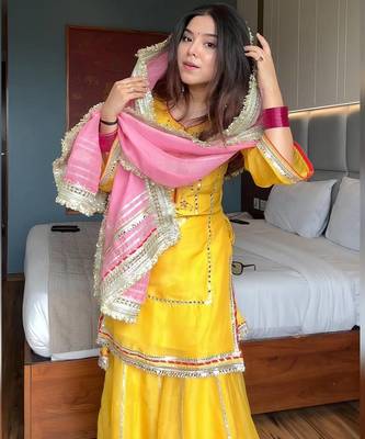 Yellow kurta sharara set with dupatta for women sequins zari work festive wear outfit 3