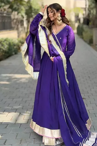 Women purple wedding wear anarkali set with dupatta heavy embroidery sequins zari work
