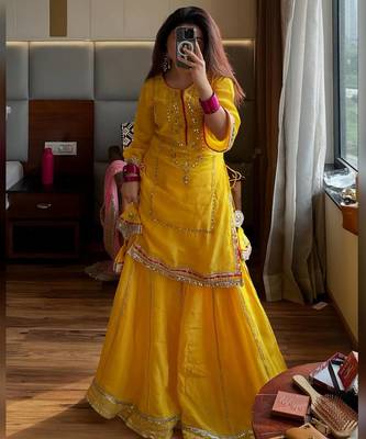 Yellow kurta sharara set with dupatta for women sequins zari work festive wear outfit 4