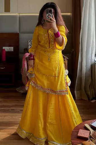 Yellow kurta sharara set with dupatta for women sequins zari work festive wear outfit
