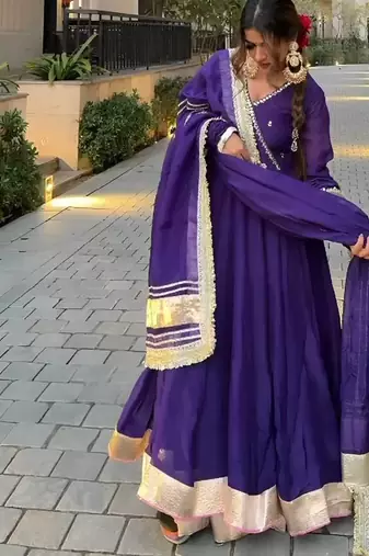 Women purple wedding wear anarkali set with dupatta heavy embroidery sequins zari work