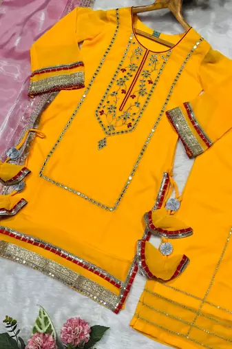 Yellow kurta sharara set with dupatta for women sequins zari work festive wear outfit