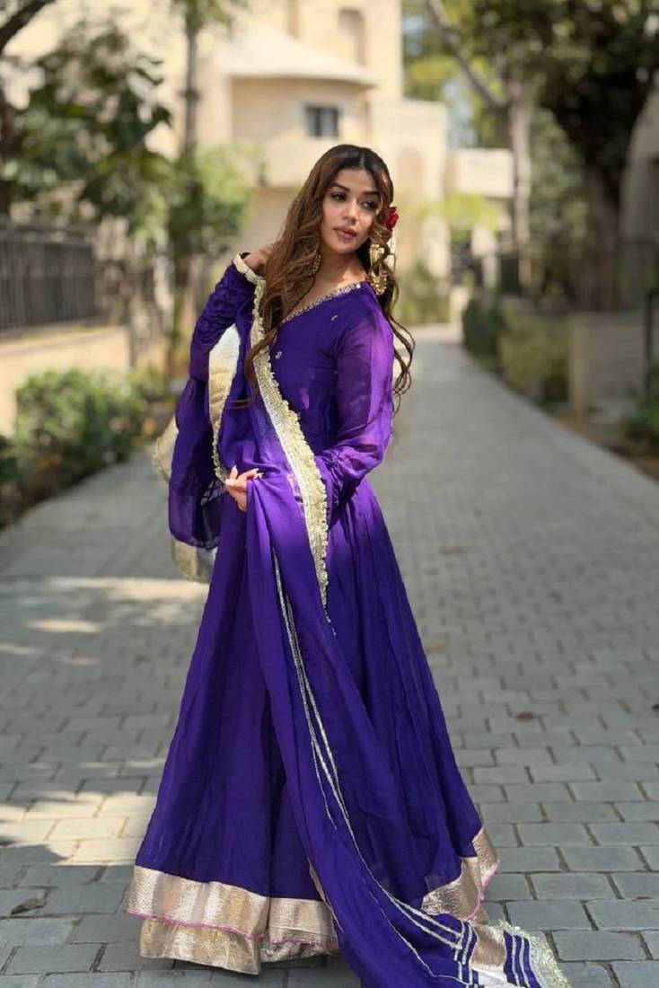 Women purple wedding wear anarkali set with dupatta heavy embroidery sequins zari work
