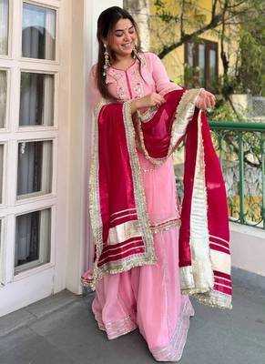 Women baby pink festive wear sharara suit with dupatta heavy zari sequins embroidery 3