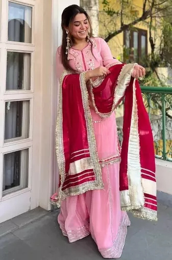 Women baby pink festive wear sharara suit with dupatta heavy zari sequins embroidery