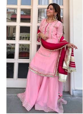 Women baby pink festive wear sharara suit with dupatta heavy zari sequins embroidery 4