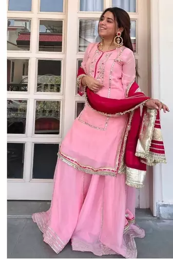 Women baby pink festive wear sharara suit with dupatta heavy zari sequins embroidery