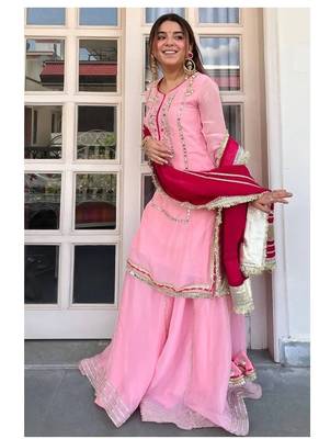 Women baby pink festive wear sharara suit with dupatta heavy zari sequins embroidery 5