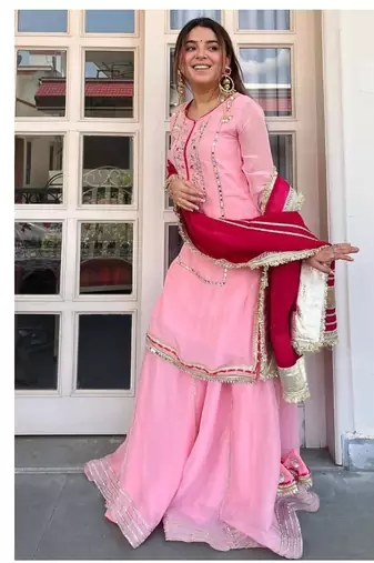 Women baby pink festive wear sharara suit with dupatta heavy zari sequins embroidery
