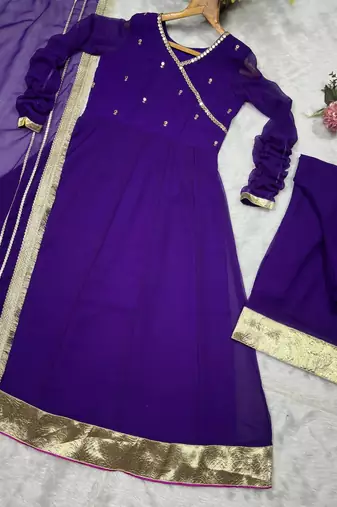 Women purple wedding wear anarkali set with dupatta heavy embroidery sequins zari work