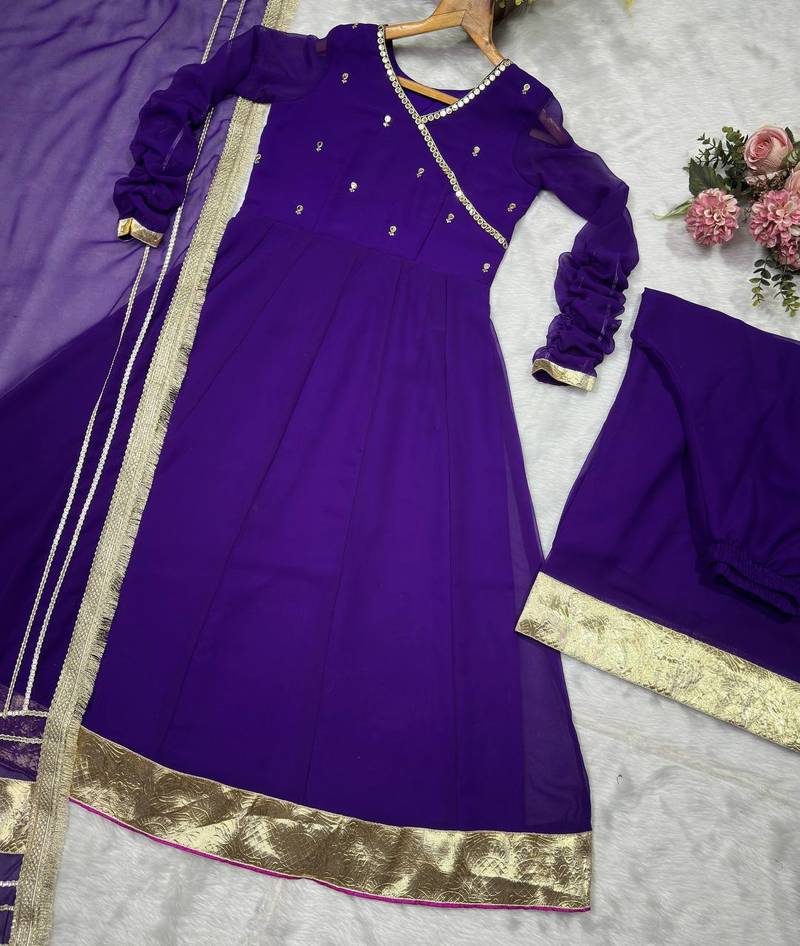 Women purple wedding wear anarkali set with dupatta heavy embroidery sequins zari work