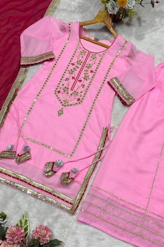 Women baby pink festive wear sharara suit with dupatta heavy zari sequins embroidery