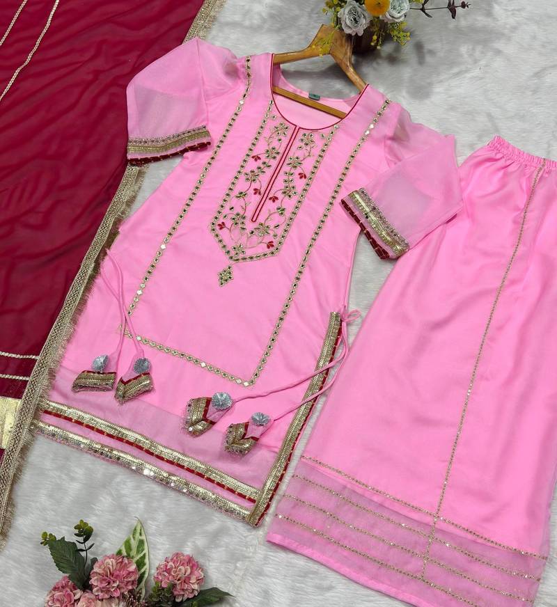 Women baby pink festive wear sharara suit with dupatta heavy zari sequins embroidery