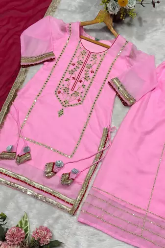 Women baby pink festive wear sharara suit with dupatta heavy zari sequins embroidery