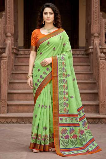 green woven cotton saree with blouse
