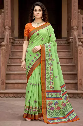 green woven cotton saree with blouse