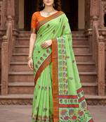 green woven cotton saree with blouse
