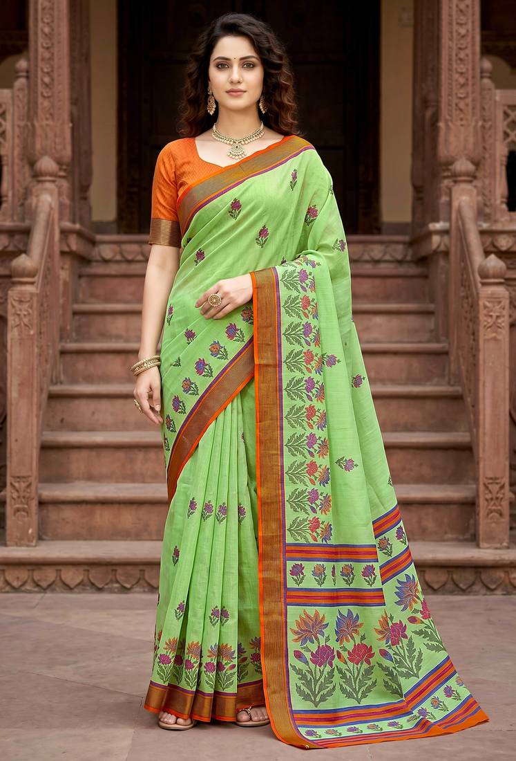 green woven cotton saree with blouse