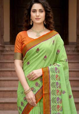 green woven cotton saree with blouse 2