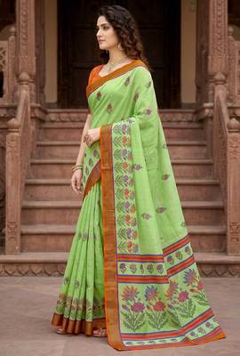 green woven cotton saree with blouse 3