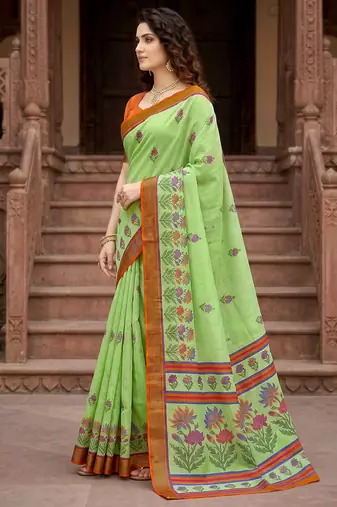 green woven cotton saree with blouse