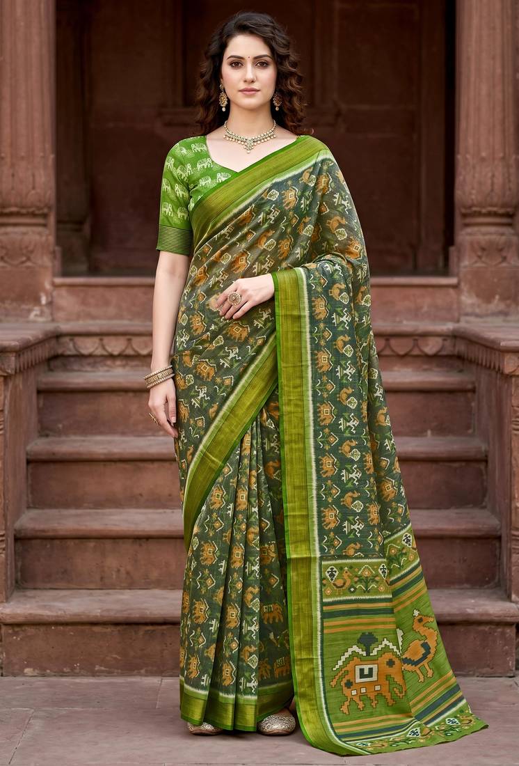 green woven cotton saree with blouse