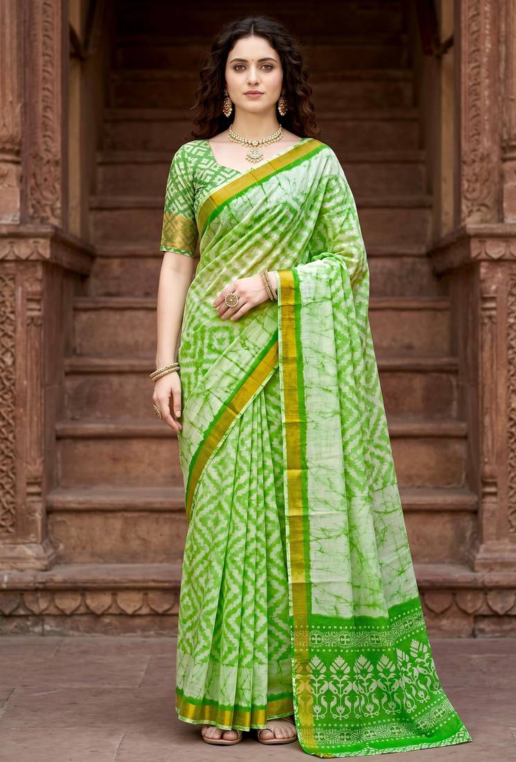 green woven cotton saree with blouse