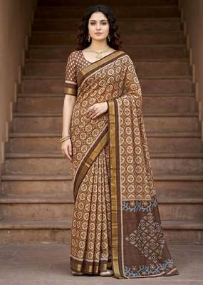 brown woven cotton saree with blouse 1