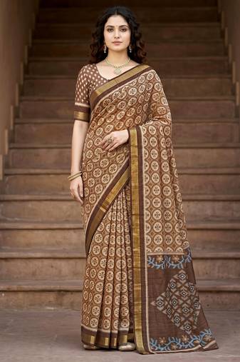 brown woven cotton saree with blouse