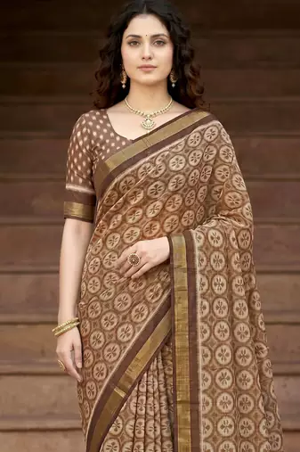 brown woven cotton saree with blouse