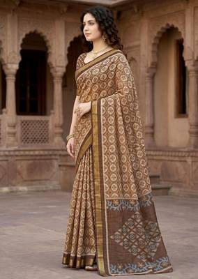 brown woven cotton saree with blouse 3