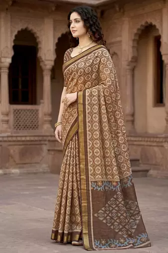 brown woven cotton saree with blouse