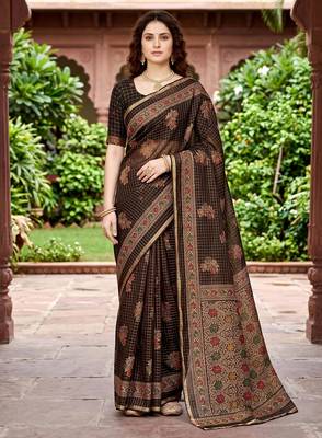 brown woven cotton saree with blouse 1