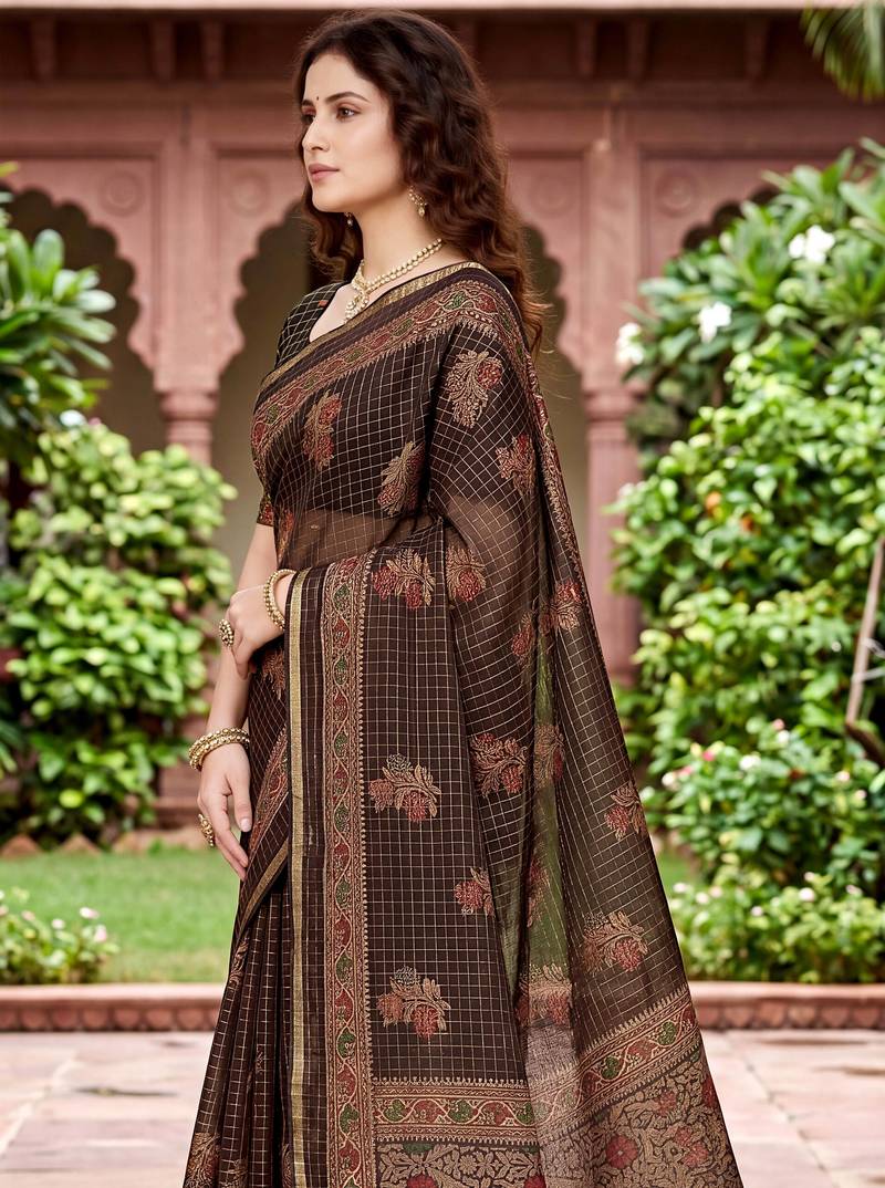 brown woven cotton saree with blouse