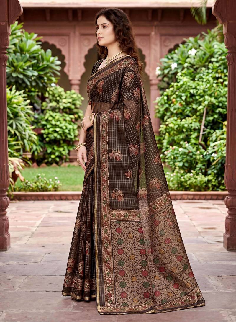 brown woven cotton saree with blouse