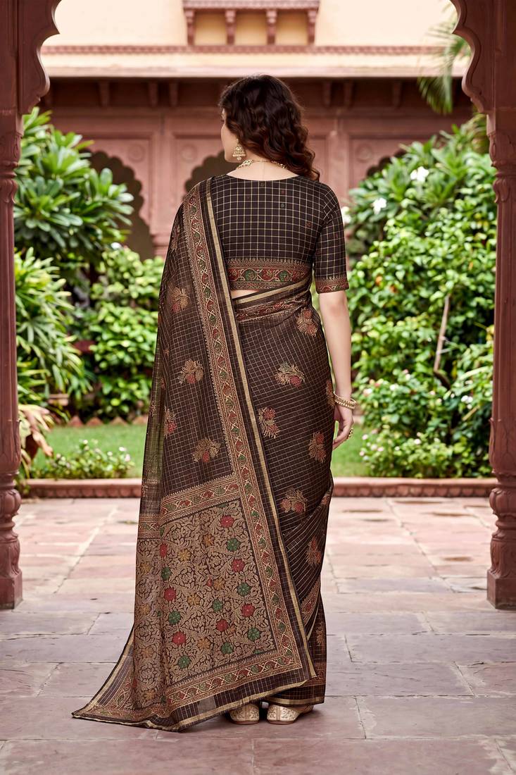 brown woven cotton saree with blouse