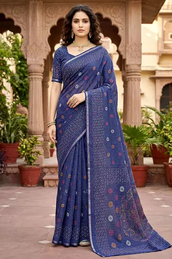 navy blue woven cotton saree with blouse