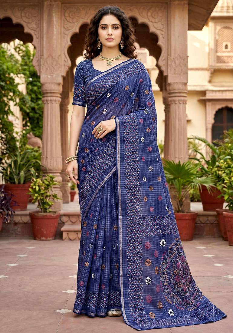 navy blue woven cotton saree with blouse