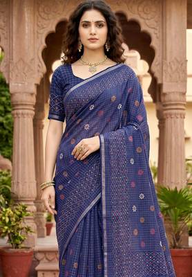 navy blue woven cotton saree with blouse 2