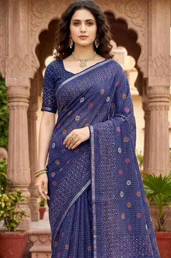 navy blue woven cotton saree with blouse