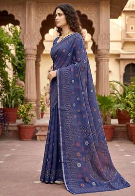 navy blue woven cotton saree with blouse 3