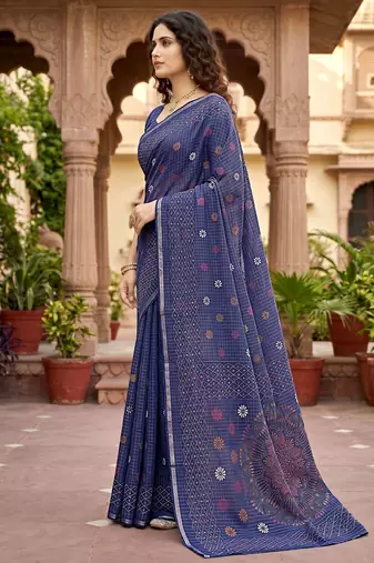 navy blue woven cotton saree with blouse